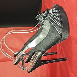 Nina Black Crystal/ Rhinestones Peep Toe Knot Stilletos Size 10 Worn Once